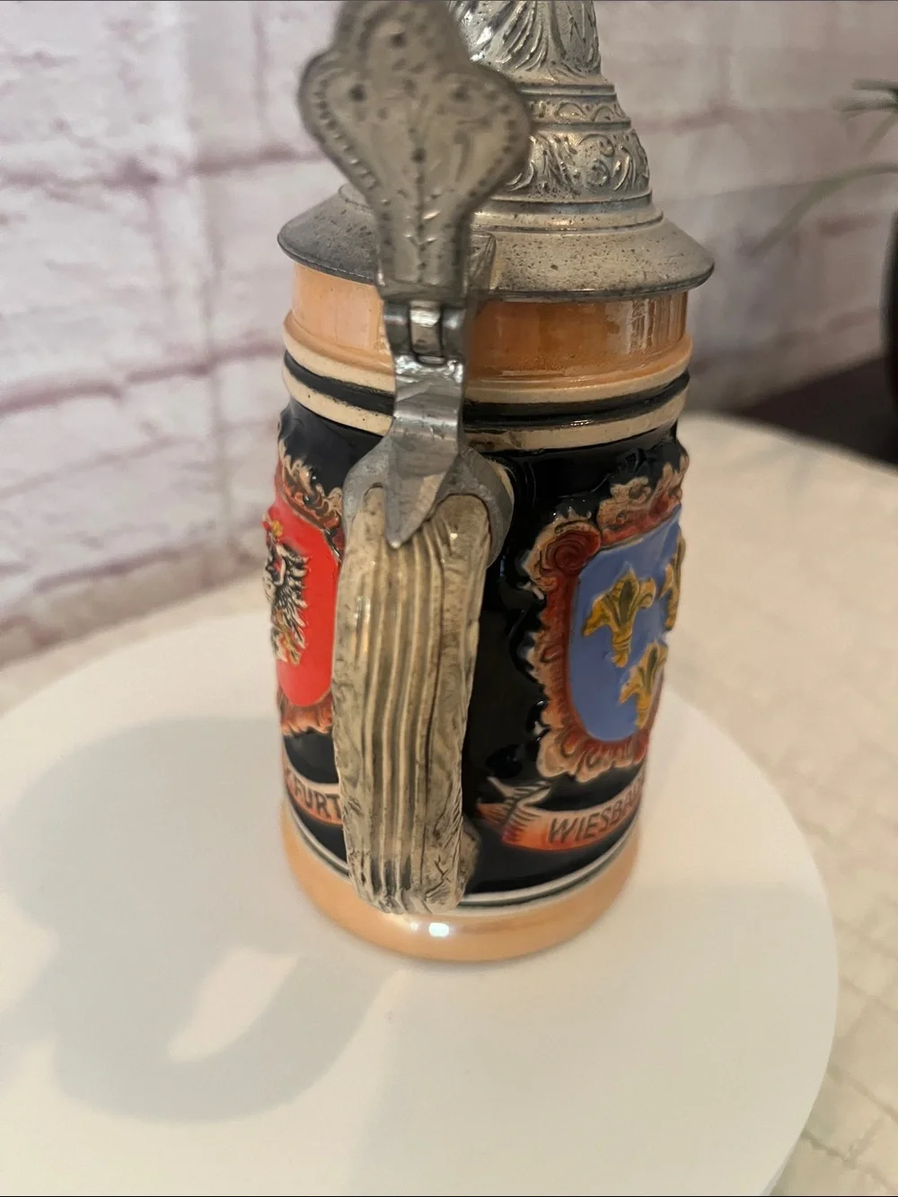 German Beer Stein made in West Germany with three shields Heidelburg, Wiesbaden